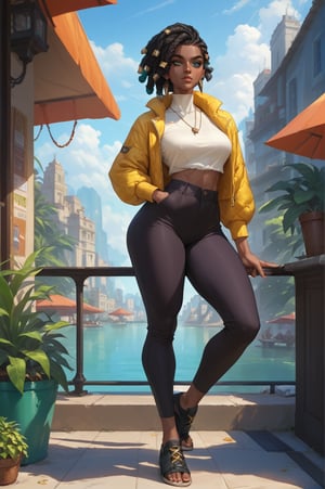  senna \(league of legends\), mature, mature face, dark-skinned female, dreadlocks, green eyes, casual clothes, city, full body, Aesthetic Art Style, iluminacion natural ,score_4_up,score_5_up,score_6_up,score_7_up,score_8_up,score_9


