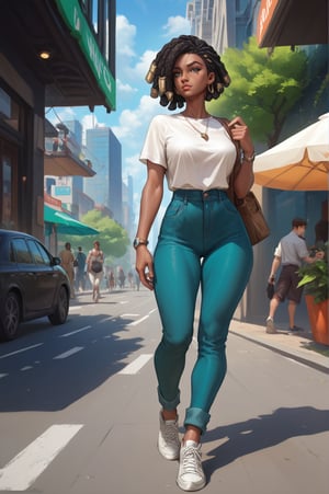  senna \(league of legends\), mature, mature face, dark-skinned female, dreadlocks, green eyes, casual clothes, city, full body, Aesthetic Art Style, iluminacion natural ,score_4_up,score_5_up,score_6_up,score_7_up,score_8_up,score_9


