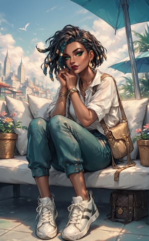  senna \(league of legends\), mature, mature face, dark-skinned female, dreadlocks, green eyes, casual clothes, city, full body, Aesthetic Art Style, iluminacion natural, digital_artwork, style_90's,score_4_up,score_5_up,score_6_up,score_7_up,score_8_up,score_9


