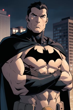 1boy, batman in his suit, abs, wearing his cowl, bodysuit, black cape, black gloves, closed mouth, crossed arms, large pectorals, male focus, muscular, muscular male, pectoral lift, pectorals, night, outdoors, solo, superhero, upper body, ((masterpiece))