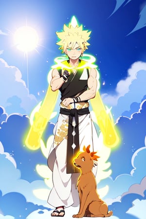 masterpiece, best quality, illustration, full body image, (dynamic lighting:1.2), cinematic lighting, delicate facial features, detailed eyes (hyper-detailed, bloom, glow:1.4), Naruto, 1boy, blond_hair, whisker_marking, muscled, 