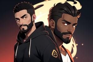 African_male, bushy_beard, black_hoodie, short-hair, glowing_eyes, god, 4K, aura, brown_skin