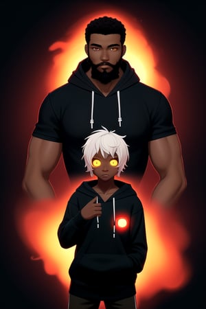 African_male, bushy_beard, black_hoodie, short-hair, glowing_eyes, god