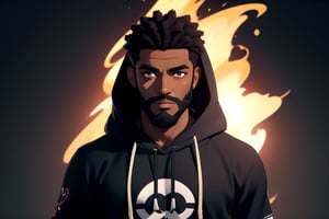 African_male, bushy_beard, black_hoodie, short-hair, glowing_eyes, god, 4K, aura, brown_skin