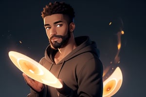 African_male, bushy_beard, black_hoodie, short-hair, glowing_eyes, god, 4K, aura, brown_skin, slim