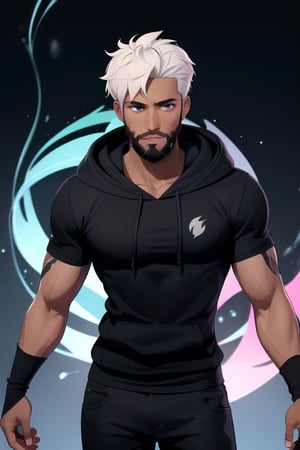 African_male, bushy_beard, black_hoodie, short-hair, glowing_eyes, god, 4K, aura 