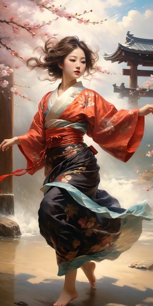 4k, UHD, HDR,(Masterpiece:1.5), (best quality:1.5), High Detail, oil painting, impressionism artwork, detailed reflection lighting, nature lighting, japanese girl dancing in the wind, traditional japanese clothes, ((full body)), detailed long and wavy hair, detailed dark brown eye, sexy and crazy, The hem of the native dress flutters in the wind, Fire and smoke, ((many japanese warriors dancing in the background)), ((cherry blossoms)) blowing in the wind, ((dramatic and epic atmosphere)), ((medium view, zoom out)), A girl dancing, art by sargent,A girl dancing ,art by sargent,more detail XL