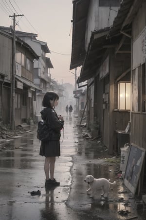 best quality,  extremely detailed,  HD,  8k,  extremely intricate:1.3),  cinematic lighting,  dystopian world, japan,  The city is dilapidated and dirty, rainy sunset, A little girl stands praying with her puppy in front of a ruined shrine, dirty dry skeleton lying on the side of the road