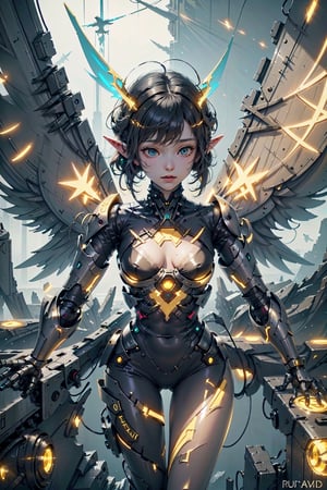 best quality,  extremely detailed,  HD,  8k, imagine a futuristic city, where magic and high-tech science coexist, an ((fairy)) cyborg girl with small wings is flying, (( yellow glowing wings)), ((elf ears)), GlowingRunes_, bird 's-eye view,Mecha