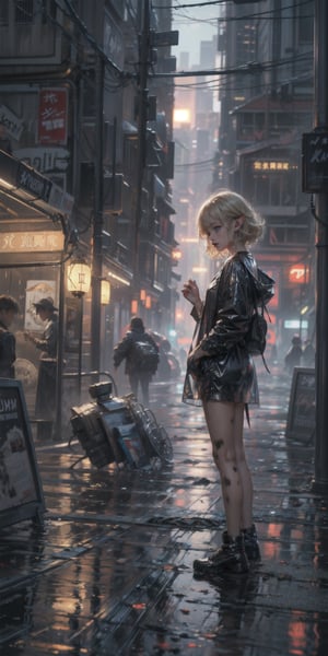 best quality,  extremely detailed,  HD,  8k,  extremely intricate:1.3),  cinematic lighting,  cyberpunk world:1.8, ((The city is dilapidated and dirty)), ((rainy night)), dirty road, a little elf standing on the Sidewalk, fairy tone, ((elf_ears)), sad_face, emotional eye, blue eyes, looking up at the sky, wet and short blonde hair, black raincoat, She feels lonely and cold, ((dirty on clothes)), ((dirty)), sad and gloomy atmosphere, sidebody view ,jellyfishforest,perfecteyes, ((Extremely detailed background)),cyber_asia 
