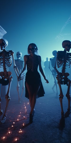 cinematic photo, 4k photo, extremely detail, rule of third, horror and dramatic photography, cyberpunk style, neon lighting, ((cemetery, skeletons, dancing)), cinematic lighting, detail reflection lighting, Skeletons and girls Dancing together in cemetery, ((many skeletons dancing in city cemetery as background)), skull,Movie Still,Film Still, Cinematic, Cinematic Shot, Cinematic Lighting,Cinematic,HellAI,Cinematic Shot,A girl dancing 