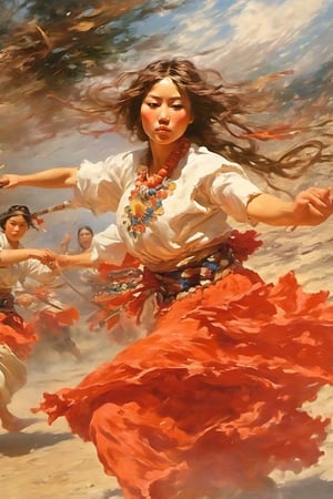 4k, UHD, HDR,(Masterpiece:1.5), (best quality:1.5), High Detail, oil painting, impressionism artwork, detailed reflection lighting, nature lighting, Native female warrior performing a battle dance before mortal combats, Native japanese, ((full body)), detailed long and wavy hair, detailed dark brown eye, sexy and crazy, The hem of the native dress flutters in the wind, Fire and smoke, Crazy rituals with many japanese native warriors in the background, ((dramatic and epic atmosphere)), ((medium view, zoom out)), A girl dancing, art by sargent,A girl dancing ,art by sargent,isni,traditional