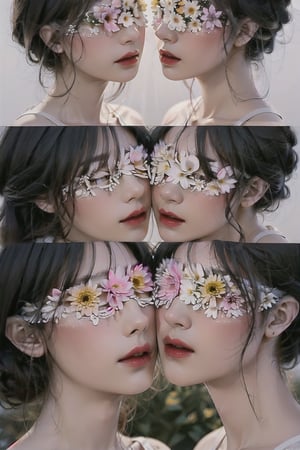 best quality,  extremely detailed, HD,  8k,  extremely intricate:1.3), ((2 girls)), standing facing each other, (( touch each other's faces)), ((flower bindfold)), ((open eyes)), ((clear eyes)), emotional eyes,Flower Blindfold