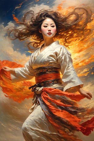 4k, UHD, HDR,(Masterpiece:1.5), (best quality:1.5), High Detail, oil painting, impressionism artwork, detailed reflection lighting, nature lighting, female warrior performing a traditional dance, japanese clothes, ((full body)), detailed long and wavy hair, detailed dark brown eye, sexy and crazy, The hem of the native dress flutters in the wind, Fire and smoke, ((Crazy rituals with many japanese warriors in the background)), ((dramatic and epic atmosphere)), ((medium view, zoom out)), A girl dancing, art by sargent,A girl dancing ,art by sargent,more detail XL