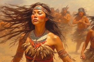4k, UHD, HDR,(Masterpiece:1.5), (best quality:1.5), High Detail, oil painting, impressionism, cinematic lighting, detailed reflection lighting, nature lighting, Native female warrior performing a battle dance before mortal combats, Native American, ((full body)), detailed long and wavy hair, detailed dark brown eye, sexy and crazy, The hem of the native dress flutters in the wind, Fire and smoke, Crazy rituals with many american native warriors in the background, ((dramatic and epic atmosphere)), medium view, zoom out, A girl dancing, art by sargent,A girl dancing 