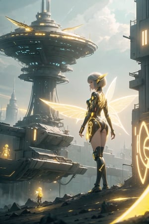 best quality,  extremely detailed,  HD,  8k, imagine a futuristic city, where magic and high-tech science coexist, an ((fairy)) girl with small wings walking next to ((humanoids robot)), (( yellow glowing wings)), neotech, GlowingRunes_