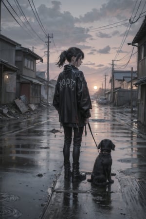 best quality,  extremely detailed,  HD,  8k,  extremely intricate:1.3),  cinematic lighting,  dystopian world, japan,  The city is dilapidated and dirty, rainy sunset, 1 girl, A little girl stands praying with her dirty puppy in front of a ruined shrine, ((puppy)), ((dirty)),  ((skeleton)) lying on the side of the road, (( ripped clothes)), (( dirty on clothes)), sad and gloomy atmosphere, ((side body view)), close view, blood