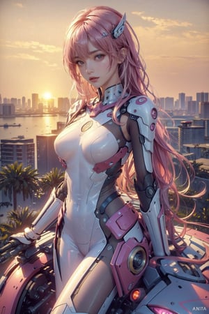 (masterpiece, top quality, best quality, official art, beautiful and aesthetic:1.2), (1girl), extreme detailed,(fractal art:1.3), colorful, highest detailed, r1ge, A photo of a sexy 16-year-old girl flying around in an erotic futuristic mechanical suit, ((neon)), full body, fortn view, look at view, nude, short hair, pink hair, ((wavy hair)), hair ornament, futuristic ruined city in the background, sunset light in the distance, The general atmosphere is mildly sad but peaceful, transparent bodystocking, mecha, zoom out, high angle view,Arial view,transparent bodystocking