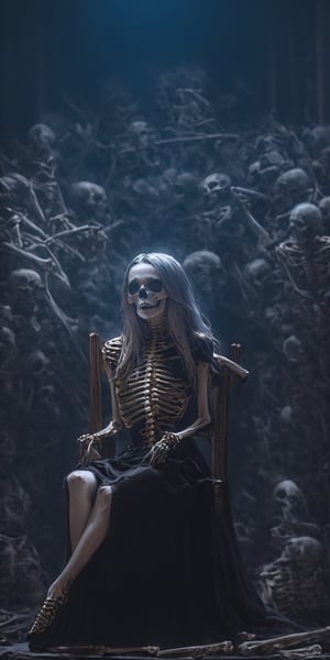 best quality, extremely detailed, HD, 8k, 1 sexy girl is sitting on chair, ((the chair made of human bones)), horror style, HellAI,LinkGirl