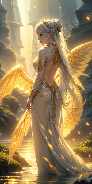 best quality,  extremely detailed,  area lighting in background,  HD,  8k,  extremely intricate:1.3),  fantasy art,  a sexy elf girl, ((white hair)),  long hair,  hair floating in the water, ((glowing yelow wings)), GlowingRunes_, (nude), WaterAI, dunhuang_cloths