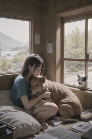 best quality,  extremely detailed, HD,  8k,  extremely intricate:1.3), dystopian world, japan, The little girl is sleeping and hugging her little dog, dirty room