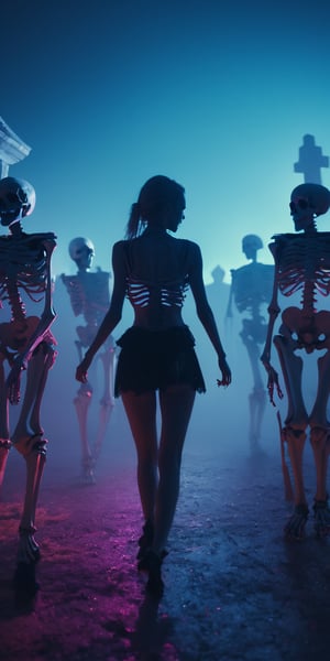 cinematic photo, 4k photo, extremely detail, rule of third, horror and dramatic photography, cyberpunk style, neon lighting, ((cemetery, skeletons, dancing)), cinematic lighting, detail reflection lighting, Skeletons and girls Dancing together in cemetery, skull,Movie Still,Film Still, Cinematic, Cinematic Shot, Cinematic Lighting,Cinematic,HellAI,Cinematic Shot,A girl dancing 