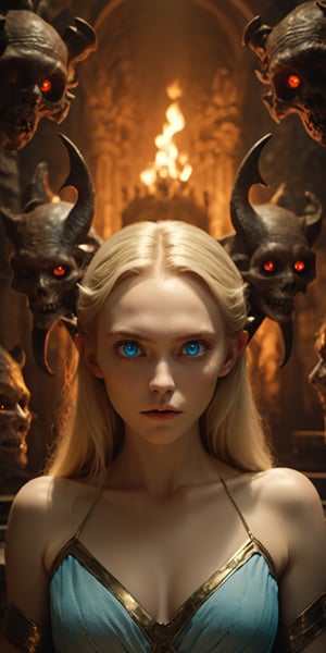 4k, UHD, HDR, (Masterpiece:1.5), (best quality:1.5), ultra detailed, cinematic photo, natural light, detailed reflection light, dark fantasy art, ((horror and dramatic)), bronze age, 22 years old girl, blonde hair, white skintone, blue eyes, so beautiful, sitting on the bronze throne in the group of monster in human form in the ruin castle, Sexy and powerful, ((red glowing eyes), magical circle, Movie Still, closeup,portrait, monster, HellAI, fire, skull, demon,monster,HellAI,fire,skull,demon,xxmix_girl