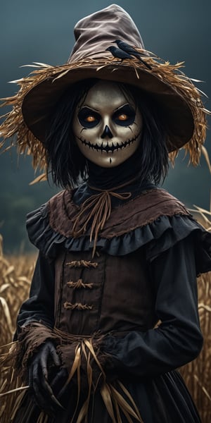 4k, UHD, HDR, (Masterpiece:1.5), (best quality:1.5), ultra detailed, cinematic photo, natural light, detailed reflection light, dark fantasy art, ((horror and dramatic)), bronze age, scarecrows girl, crow, fam