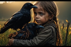 4k, UHD, HDR, (Masterpiece:1.5), (best quality:1.5), ultra detailed, cinematic photo, natural light, detailed reflection light, dark fantasy art, ((horror and dramatic)), bronze age, scarecrows girl hugging a little girl, crow, fam