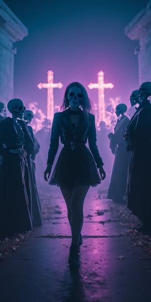 cinematic photo, 4k photo, extremely detail, rule of third, horror and dramatic photography, cyberpunk style, neon lighting, ((cemetery, skeletons, dancing)), cinematic lighting, detail reflection lighting, Skeletons and girls Dancing together in cemetery, skull,Movie Still,Film Still, Cinematic, Cinematic Shot, Cinematic Lighting,Cinematic,HellAI,Cinematic Shot,A girl dancing ,xxmix_girl, closeup, torso view