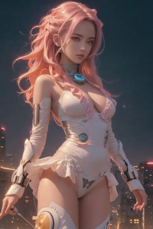 (masterpiece, top quality, best quality, official art, beautiful and aesthetic:1.2), (1girl), extreme detailed,(fractal art:1.3), colorful, highest detailed, r1ge, A photo of a sexy 16-year-old girl dancing around in an erotic futuristic mechanical suit, ((neon)), full body, fornt view, look at view, nude, short hair, pink hair, ((wavy hair)), hair ornament, futuristic ruined city in the background, sunset light in the distance, The general atmosphere is mildly sad but peaceful, transparent bodystocking, mecha, zoom out, high angle view,Arial view,transparent bodystocking,r1ge,maid bikini,spread_pussy,frills