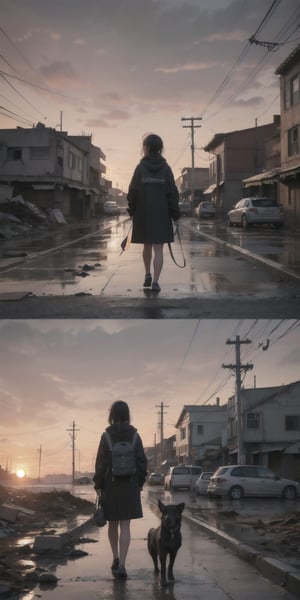 best quality,  extremely detailed,  HD,  8k,  extremely intricate:1.3),  cinematic lighting,  dystopian world,  The city is dilapidated and dirty, rainy sunset,  1 little girl walking with her puppy 