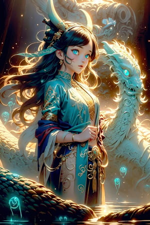 (masterpiece, top quality, best quality, official art, beautiful), (1girl), extreme detailed, fantasic art, highest detailed, r1ge, a girl take a dip in lake next to  her dragon),  pretty face, ((dragon glowing blue eyes)), light smile, long blone wavy hair, wet, wing-shaped hair brooch, glowing tattoo on her chest, (the Peace lake and forest and moutain in the background), emotional eyes, 1 girl, ((ripped_clothes)), perfecteyes, GlowingRunes_blue , long,jellyfishforest,dunhuang_cloths,DragonCute, close view,long,dragon hug