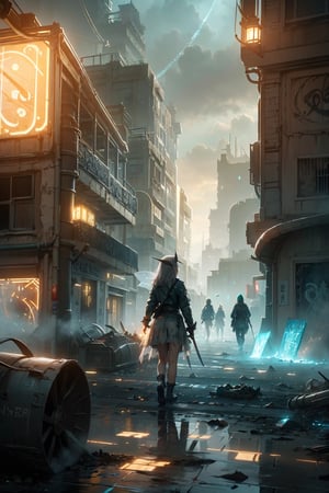best quality,  extremely detailed,  HD,  8k,  (extremely intricate:1.3),  cinematic lighting,  apocalypse war,  dystopian fantasy world,  The city is dilapidated and dirty,  rainy noon,  imangine the war between human and fairies,  fire smoke everywhere,  The fairies are wailking next to the burned ((tank)),  light grey hair,  dirty fairy dress,  ((dirty)),  ((elf ears)),  ((white glowing wings)),  ((glowing swords)),  medium shot,  mecha, (dirt-stained_clothes:1.5), full body,  GlowingRunes_,  scene the crowd of the Fairies attacking humans as background, ((extremely detailed background)), ((fairies)), jellyfishforest, GlowingRunes_, cyber_asia ,GlowingRunes_,jellyfishforest