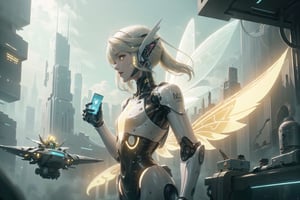 best quality,  extremely detailed,  HD,  8k, imagine a futuristic city, where magic and high-tech science coexist, an ((fairy)) girl with small wings stading next to ((humanoids robot)), (( yellow glowing wings)), neotech, GlowingRunes_, cyber_asia 