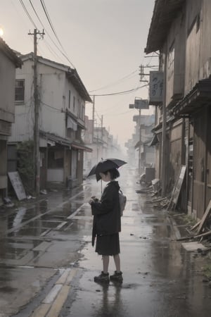 best quality,  extremely detailed,  HD,  8k,  extremely intricate:1.3),  cinematic lighting,  dystopian world, japan,  The city is dilapidated and dirty, rainy sunset, A little girl stands praying with her puppy in front of a ruined shrine, ((dirty dry skeleton lying on the side of the road)), (( ripped clothes)), (( dirty on clothes))