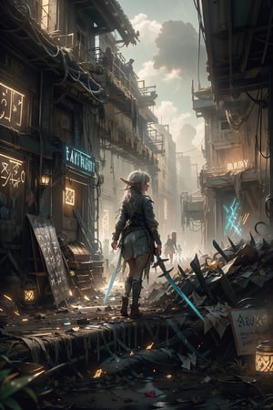 best quality,  extremely detailed,  HD,  8k,  (extremely intricate:1.3),  cinematic lighting,  apocalypse war,  dystopian fantasy world,  The city is dilapidated and dirty,  rainy noon,  imangine the war between human and fairies,  fire smoke everywhere,  The fairies are waiking next to the burned tank,  light grey hair,  dirty fairy dress,  ((dirty)),  ((elf ears)),  ((white glowing wings)),  ((glowing sword)),  medium shot,  mecha, (dirt-stained_clothes:1.5), full body,  GlowingRunes_,  scene the crowd of the Fairy Army attacking humans as background, ((extremely detailed background)), ((5 fairies)), mecha, GlowingRunes_,jellyfishforest,GlowingRunes_,cyber_asia 
