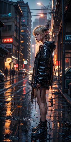 best quality,  extremely detailed,  HD,  8k,  extremely intricate:1.3),  cinematic lighting,  cyberpunk world:1.8, ((The city is dilapidated and dirty)), ((rainy night)), dirty road, a little elf standing on the Sidewalk, fairy tone, ((elf_ears)), sad_face, emotional eye, blue eyes, ((looking up at the sky)), wet and short blonde hair, black raincoat, She feels lonely and cold, ((dirty on clothes)), ((dirty)), sad and gloomy atmosphere, sidebody view ,jellyfishforest,perfecteyes, ((Extremely detailed background)),cyber_asia , close view