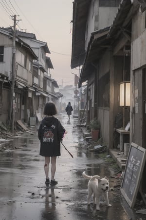 best quality,  extremely detailed,  HD,  8k,  extremely intricate:1.3),  cinematic lighting,  dystopian world, japan,  The city is dilapidated and dirty, rainy sunset, A little girl stands praying with her dirty puppy in front of a ruined shrine, ((puppy)), ((dirty)), dirty dry skeleton lying on the side of the road, (( ripped clothes)), (( dirty on clothes)),blood