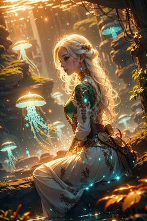 best quality,  extremely detailed,  area lighting in background,  HD,  8k,  extremely intricate:1.3),  fantasy art,  a sexy elf girl sitting on the mossy rock,  ((white hair)),  long hair,  hair floating,  scene of shipwreck lying on the seabed and glowing jelly fish as background, GlowingRunes_ ,yuhuo
