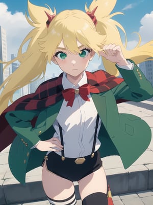 1girl, soro, ninnyspangcole, , ninny spangcole, long hair, blonde hair, (green eyes:1.5), twintails, two side up, shirt, thighhighs, long sleeves, bow, jacket, white shirt, shorts, bowtie, red bow, thigh strap, capelet, black shorts, suspenders, green jacket, suspender shorts, outdoors, city, sun, sky, clouds, looking at viewer, (cowboy shot:1.5), (masterpiece:1.2), best quality, high resolution, unity 8k wallpaper, (illustration:0.8), (beautiful detailed eyes:1.6), extremely detailed face, perfect lighting, extremely detailed CG, (perfect hands, perfect anatomy),ninny spangcole,maomao,Ninny