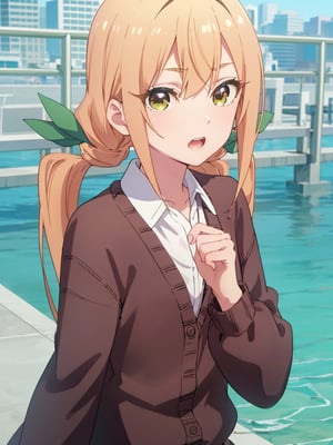 karaneinda, blonde hair, (yellow eyes:1.5), hair ribbon, twintails, low twintails, long hair, (green ribbon:1.2), open mouth, skirt, school uniform, white shirt, pleated skirt, collar, black skirt, brown cardigan, long sleeves, looking at viewer, (water eye:1.5), (upper body:1.5), sky, outdoors, day, building, best quality, high resolution, unity 8k wallpaper, (beautiful detailed eyes:1.6), extremely detailed face, perfect lighting, extremely detailed CG, (perfect hands, perfect anatomy)