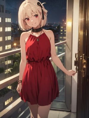 (masterpiece, best quality:1.4),,(1girl:1.3),(solo:1.3),(seductive_smile:1.2),standing,(arm_behind_head:1.2),looking at viewer,chdo,red dress,sleeveless dress,sleeveless,bare shoulders,official alternate costume,black collar,jewelry,necklace,pendant,ribbon,hair ribbon,black ribbon,modern,Europe,(balcony:1.2),night,night_sky,cityscape,
