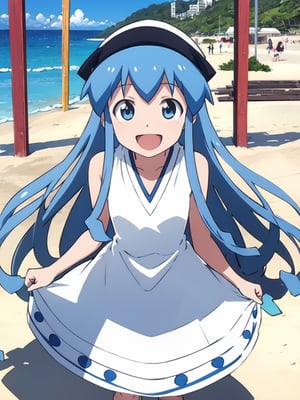 masterpiece, best quality, 1girl, beach, blue eyes, blue hair, dress, ikamusume, long hair, tentacle hair, laughing,  looking at viewer, ika,best quality,ika