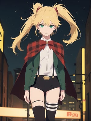 ((best quality)),((highly detailed)),masterpiece,absurdres,detailed face,beautiful face,(detailed eyes, deep eyes),1girl,((dynamic pose)), , Ninny, blonde hair, green eyes, twintails, shorts, jacket, long hair, suspender shorts, suspenders, thighhighs, shirt, looking to the side, white shirt, red bow, bow, standing, bowtie, black shorts, solo, solo focus, red bowtie, belt, capelet, hair ornament, short shorts, closed mouth, green jacket, bangs, walking, at night, (eyes looking away from the viewer:1.3, looking away from viewer:1.3), hands in pocket, nighttime, city streets, neon signs, crowd behind,, plaid, long sleeves, thigh strap, school uniform, looking away, cape, ribbon, frown, collared shirt, two side up, red capelet, open jacket

