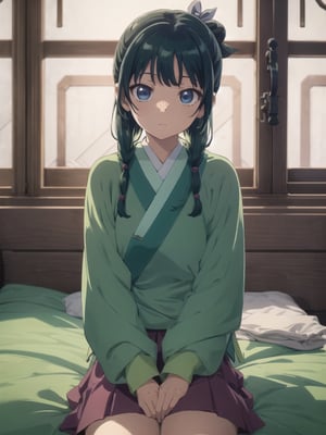 Maomao, indoors,Wood windows, Chinese architecture, left arm bandage, blunt bangs, green hair, long hair, blue eyes, solo, gonvgreen, sidelocks, twin braids, hair over shoulder, hair beads, half updo, single hair bun, hair ribbon, blue ribbon, freckles, hanfu, green japanese clothes, long sleeves, wide sleeves, purple skirt, long skirt, bed sitting, tired, star eyes, looking at viewer,