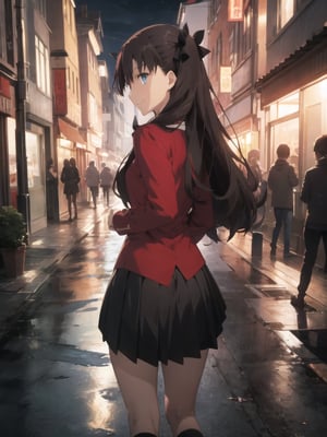 Top Quality, (Masterpiece: 1.2), High Definition, Around Town, Street Scene, Night, Rin Tohsaka, 1girl, Solo, Standing, from side, (cross arms in back:1.5), Looking at Her, Smiling, Long Hair, Two Side Up, Brown Hair, Blue Eyes, Hair Ribbon, Red Turtleneck, Long Sleeves, Pleated skirt, black skirt, kneehighs,tohsaka rin