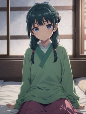 Maomao, indoors,Wood windows, Chinese architecture, left arm bandage, blunt bangs, green hair, long hair, blue eyes, solo, gonvgreen, sidelocks, twin braids, hair over shoulder, hair beads, half updo, single hair bun, hair ribbon, blue ribbon, freckles, hanfu, green japanese clothes, long sleeves, wide sleeves, purple skirt, long skirt, bed sitting, tired, star eyes, looking at viewer,