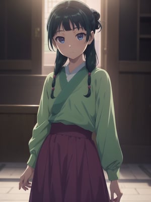 cowboy shot,hand on hip,,maomao,1girl,blunt bangs,green hair,long hair,blue eyes,solo,gonvgreen,sidelocks,twin braids,hair over shoulder,hair beads,half updo,single hair bun,hair ribbon,blue ribbon,freckles,hanfu,green japanese clothes,long sleeves,wide sleeves,purple skirt,long skirt,shoes, Exquisite visuals, high-definition,masterpiece,best quality,, 18yo,Young female,Beautiful Fingers,Beautiful long legs,Beautiful body,Beautiful Nose,Beautiful character design, perfect eyes, perfect face,expressive eyes, official art,extremely detailed CG unity 8k wallpaper, perfect lighting,Colorful, Bright_Front_face_Lighting,shiny skin, (masterpiece:1.0),(best_quality:1.0), ultra high res,4K,ultra-detailed, photography, 8K, HDR, highres, absurdres:1.2, Kodak portra 400, film grain, blurry background, bokeh:1.2, lens flare, (vibrant_color:1.2), (beautiful_face:1.5),(narrow_waist), ,NSFW