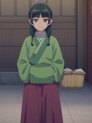 Maomao, frown, east asian architecture, blunt bangs, green hair, long hair, blue eyes, solo, gonvgreen, sidelocks, twin braids, hair over shoulder, hair beads, half updo, single hair bun, hair ribbon, blue ribbon, freckles, hanfu, green japanese clothes, long sleeves, wide sleeves, purple skirt, long skirt, shoes, (have a laundry basket:1.5), courtyard, beam smile, outdoors, cowboy shot, looking at viewer
